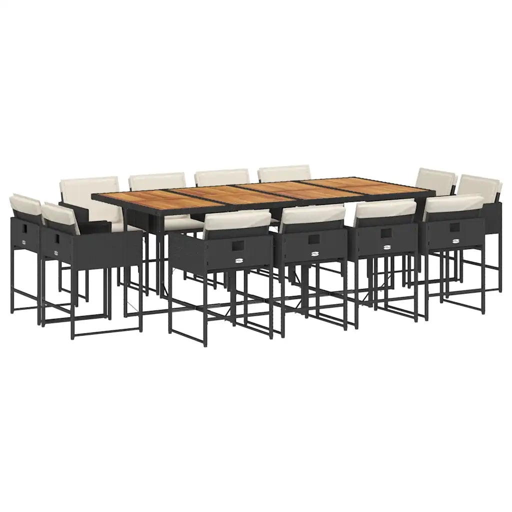 Set da Pranzo da Giardino 13pz con Cuscini Nero in Polyrattan