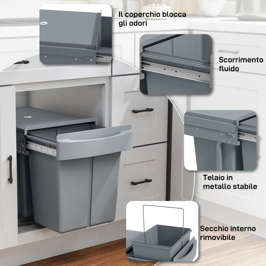 Pattumiera Estraibile Sottolavello per Differenziata 52x33.5x41 cm con 2 Secchi da 20L In PP e ABS Grigio