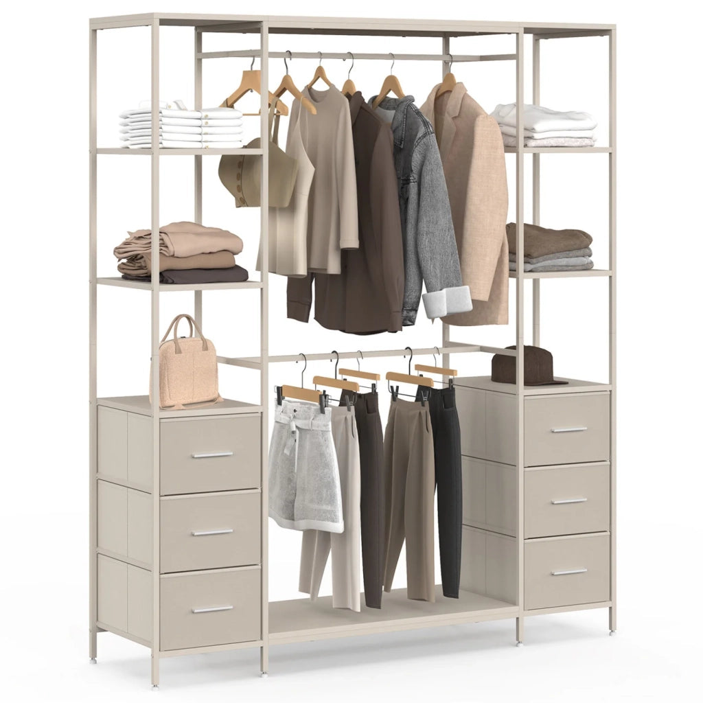 IDMarket - Armadio doppio UTAH + colonna doppia L. 140 cm con 6 ripiani e 6 cestini in tessuto beige