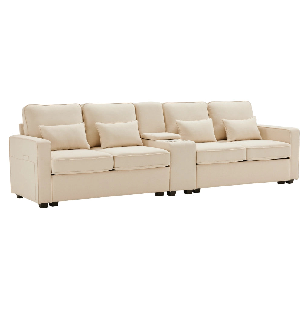 Sofa 4 posti in tessuto effetto lino beige con console; portabicchieri; USB e cuscini