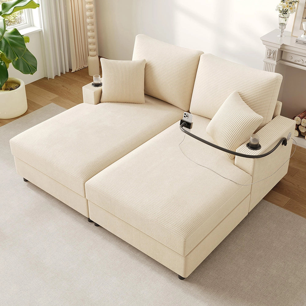 Divano letto XXL - Xylo - Doppio, USB, porta bicchieri, beige, imbottito