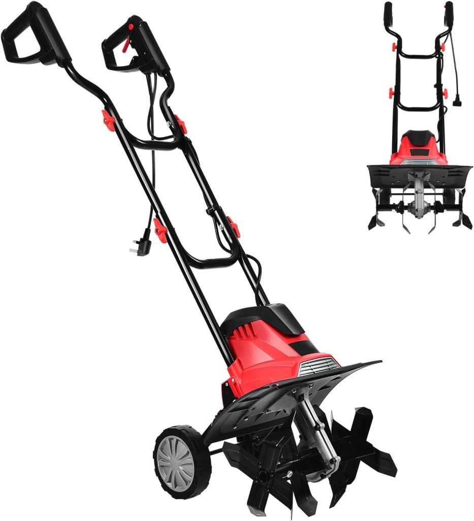 Motozappa Elettrica Pieghevole 1200W, Larghezza di Lavoro 36 cm Profondità di Lavoro 22 cm, 4 Lame, Zappatrice Elettrica per Orto e Giardino (Rosso, 36 x 40 cm, con Ruote)
