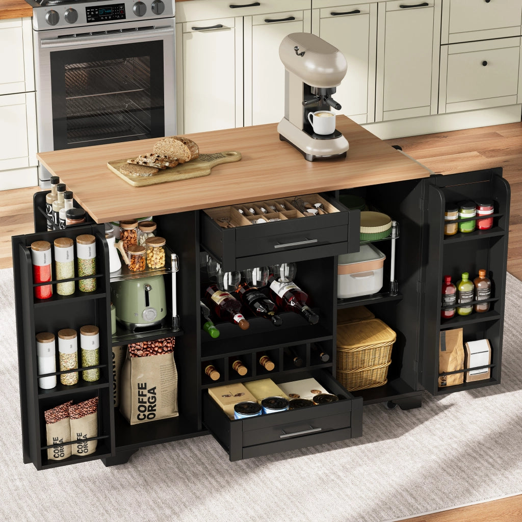 Carrello da cucina multifunzionale - Zephmum- 120x45/70x92cm- Nero- Con ripiano pieghevole, porta bicchieri, porta spezie e porta asciugamani