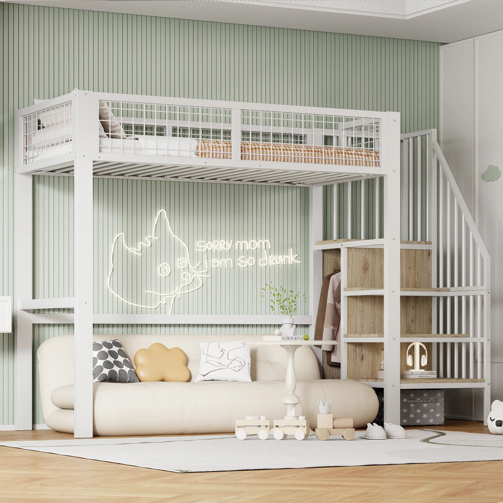 LETTO A CASTELLO 90x200 cm in metallo bianco con scala e armadio