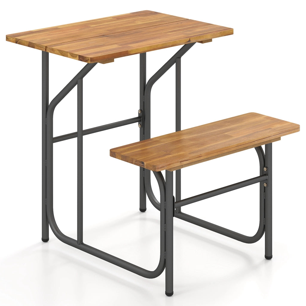 Set tavolo panca patio picnic seduta laterale legno acacia gambe metallo, Set mobili pranzo esterno robusti balcone giardino piscina cortile