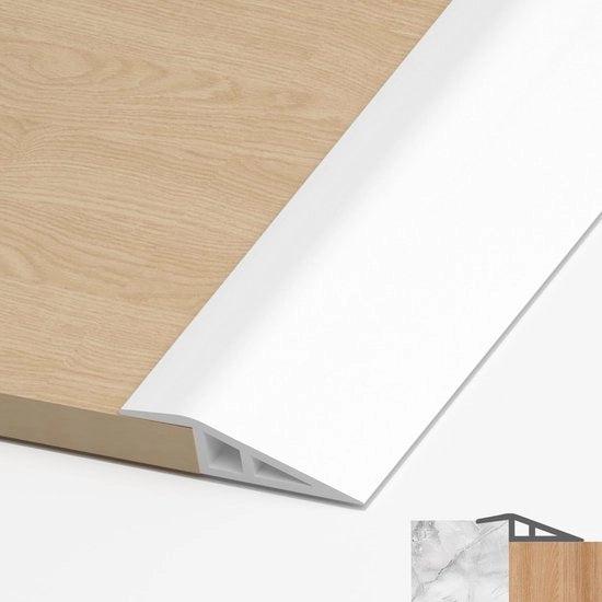 Striscia di copertura PVC per dorsi, profilo di transizione autoadesivo, striscia di transizione per differenze di altezza di pavimento, copertura per dorsi di pavimento in legno e laminato (bianco, 5 mm - 10 mm, 2 m)