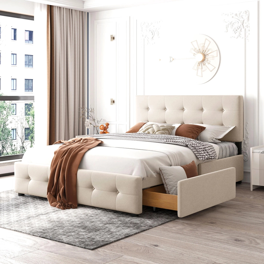 Letto matrimoniale imbottito; 140x200cm; cassetti Testiera Pelle Friendly; Beige