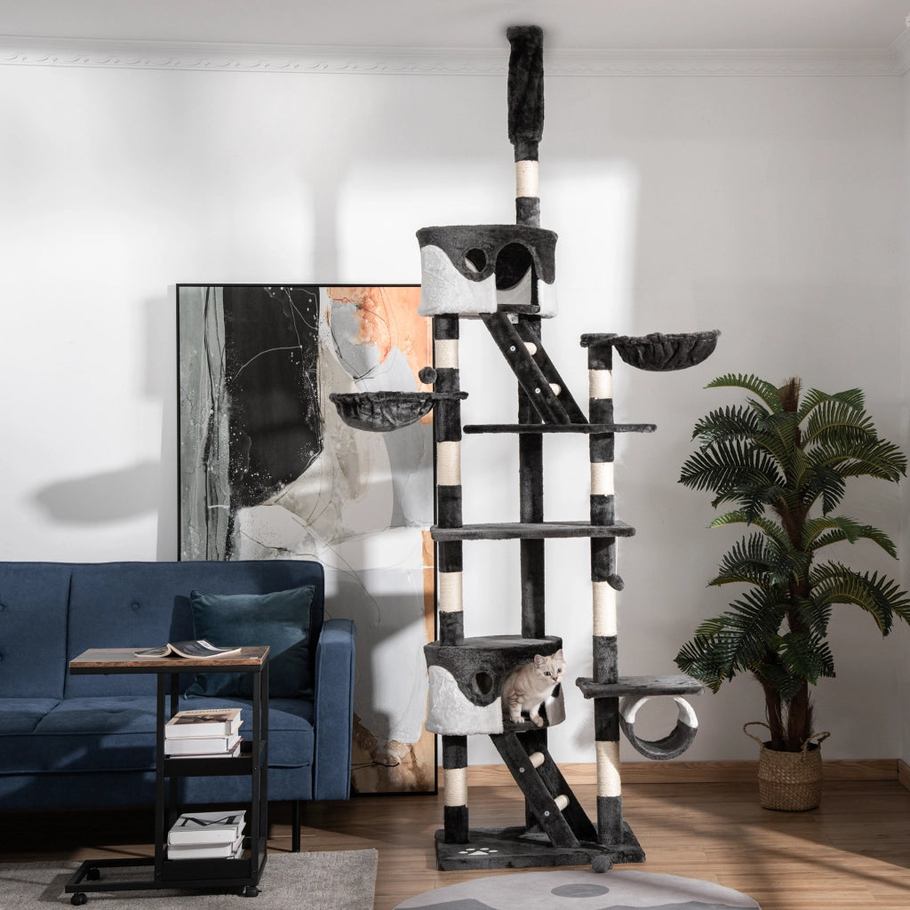 Albero Tiragraffi per Gatti Multilivello con Cucce e Amache ¨C Minimal ¨C Grigio Scuro e Bianco