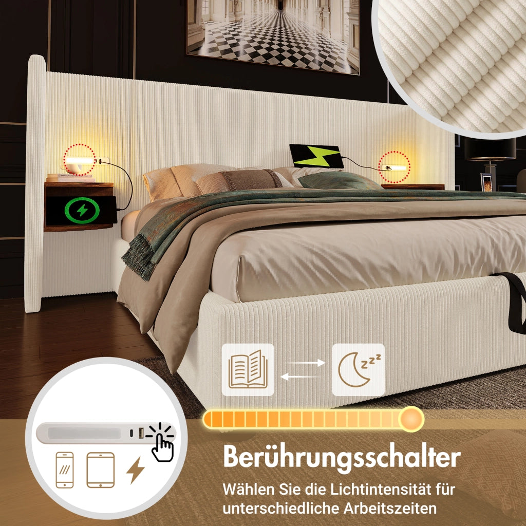 Set camera – 160x200 cm – comodino luce USBC contenitore – corda beigebianco