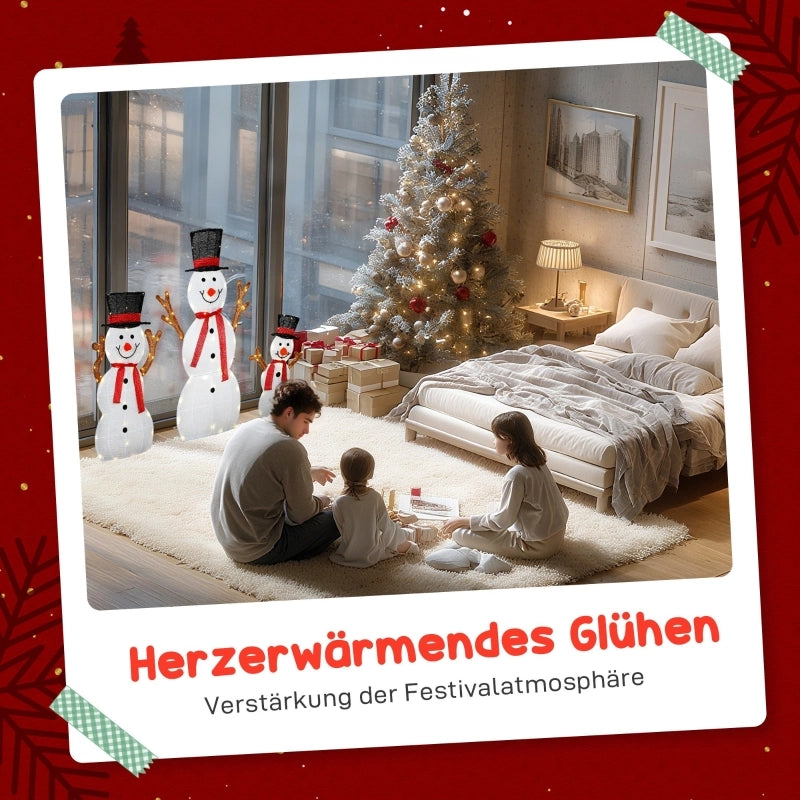 Famiglia di pupazzi di neve natalizi in 3 pezzi, decorazione per esterni, luci a LED, picchetti da terra, impermeabile, acciaio, poliestere, bianco