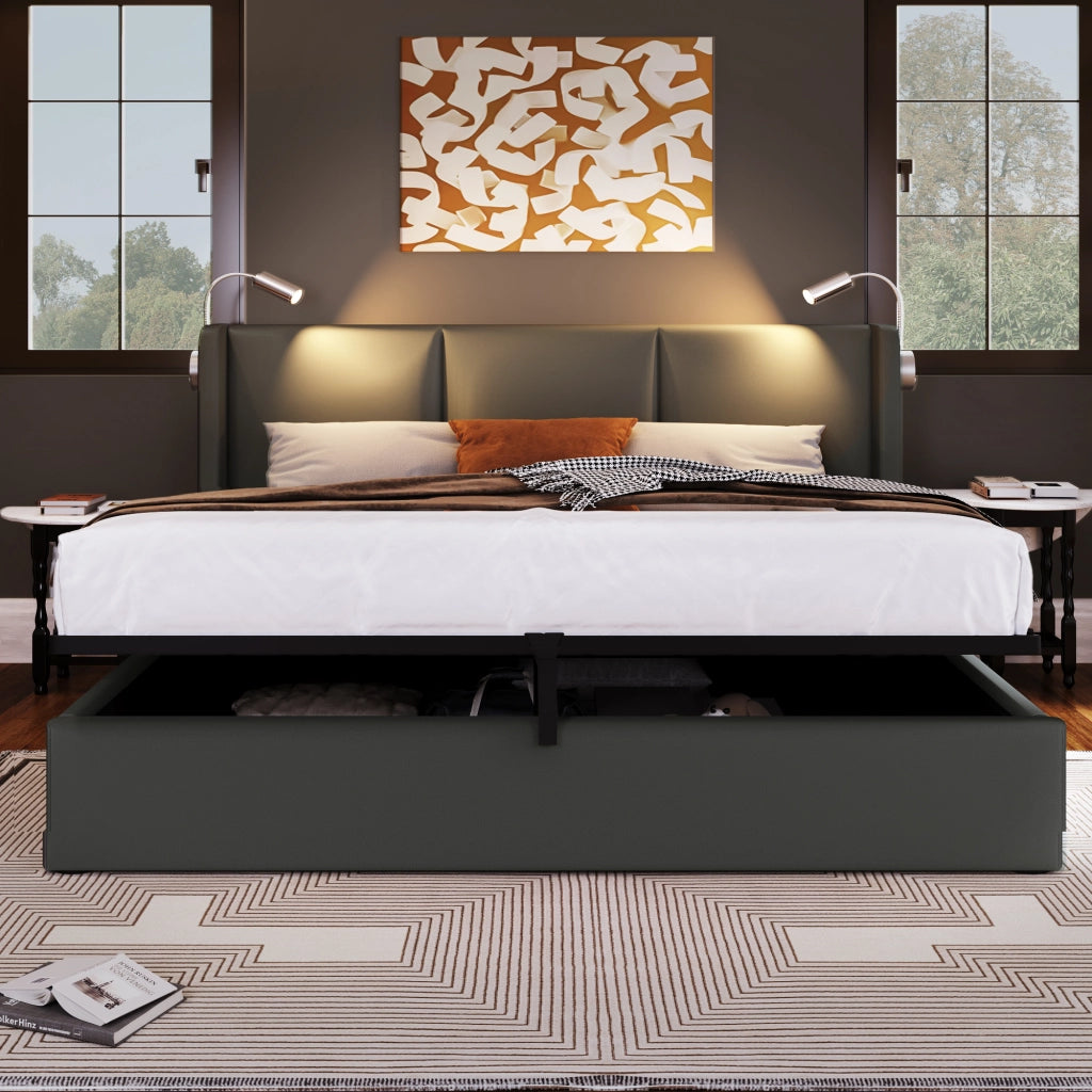 LETTO imbottito 160x200 cm in PU grigio con rete e luce da lettura