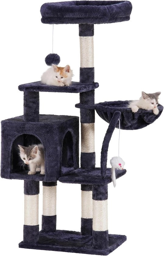 Cat tree con giocattoli, torre per gatti per interni: cuscini imbottiti in piuma, lettino e paline di sisal per arrampicarsi - grigio fumo (EMPJ004SG-N)