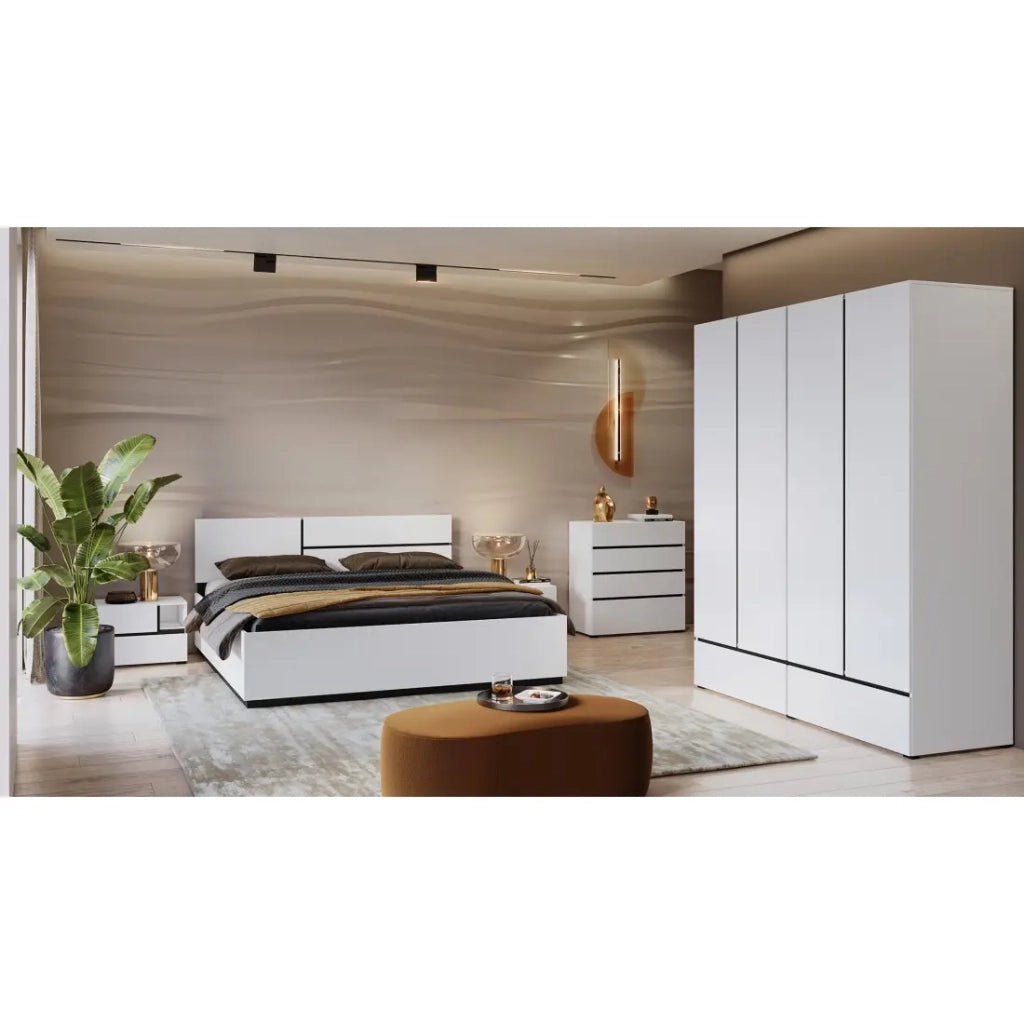 Camera completa HAVANA bianco e nero – Letto 180x200, armadio 4 porte, comodini e cassettiera