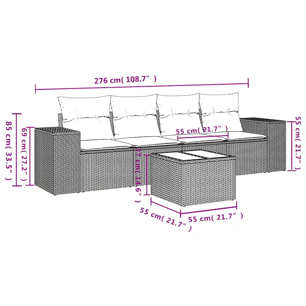 Set Divano da Giardino 5 pz con Cuscini Marrone in Polyrattan