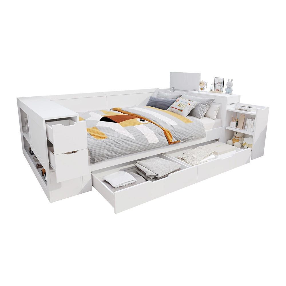 Letto-Xylo-140x200 cm-con cassetti, scrivania, comodini, bianco