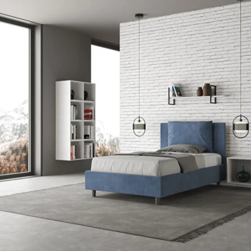 Letto una piazza e mezza con rete imbottito 120x190 microfibra blu Antea