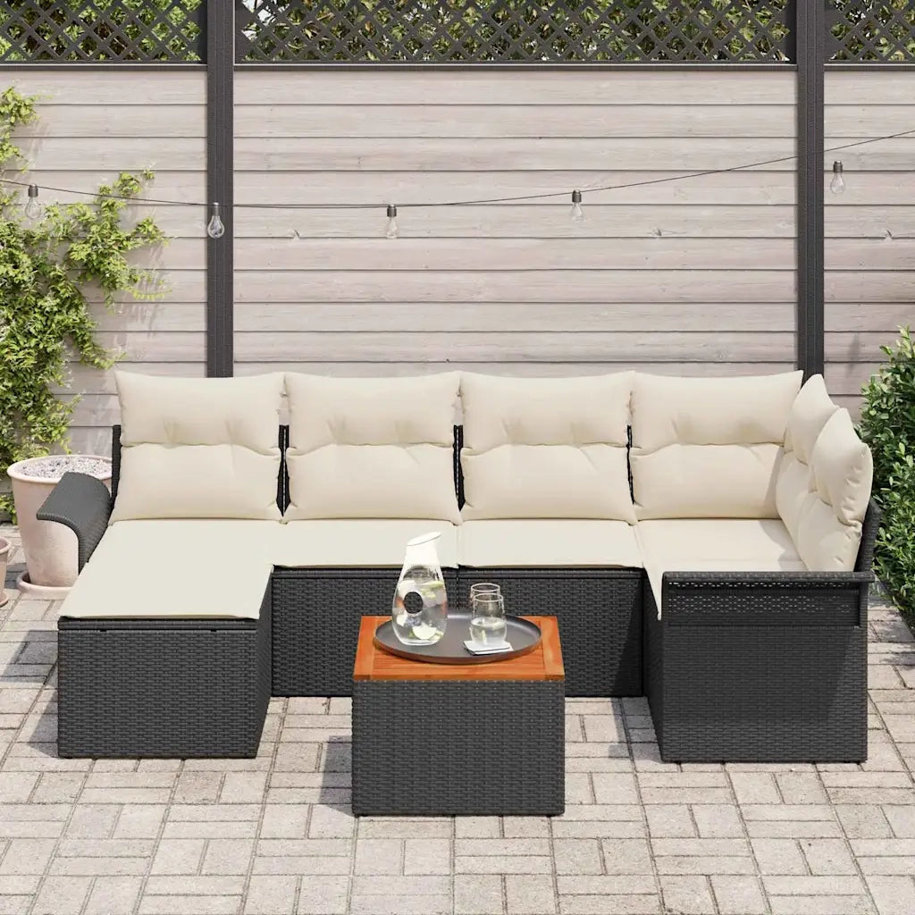 Set Divano da Giardino 7 pcs Nero e Crema polyrattan