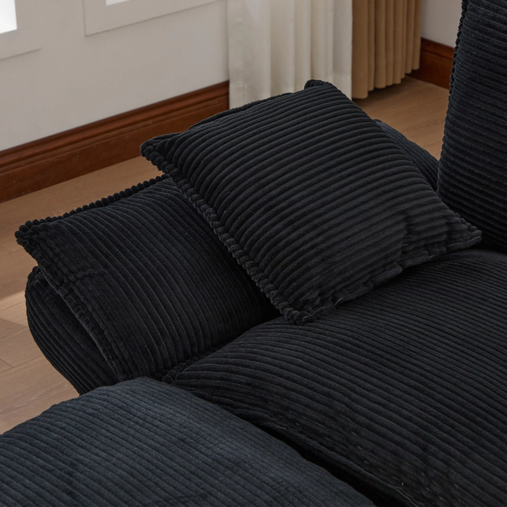 Divano 4 Posti con 2 Poggiapiedi in Tessuto a Coste ¨C MINIMAL ¨C Nero, Braccioli, Cuscini