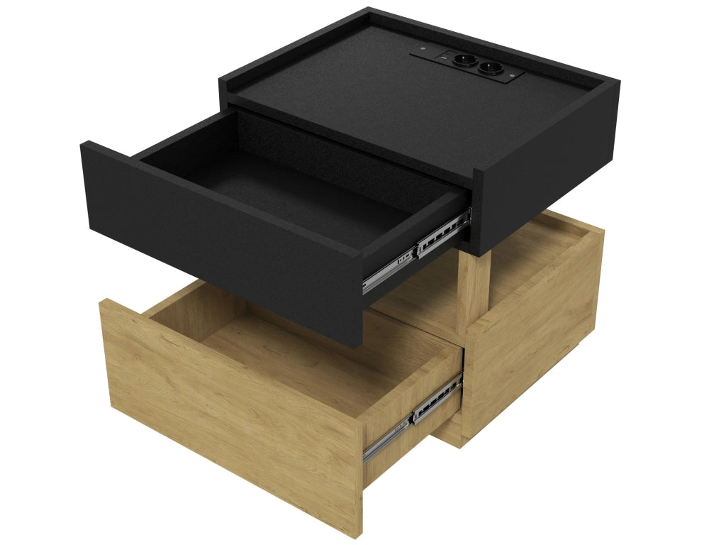 Comodino, 2 cassetti, tavolino a due ripiani, luce a LED, nero e color legno naturale