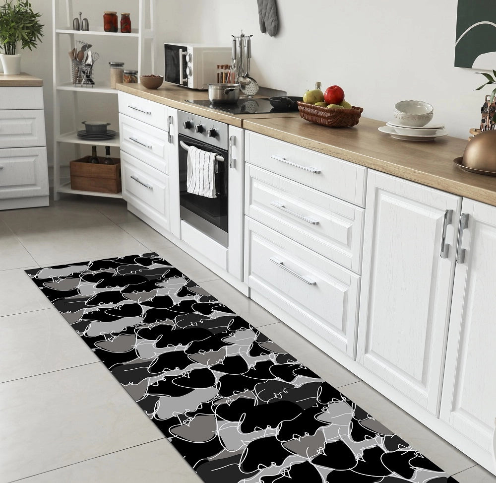 Tappeto Cucina Antiscivolo Made in Italy Passatoia Antimacchia Multiuso Corridoio Soggiorno Lavabile in Lavatrice - 50x550 - Face nero
