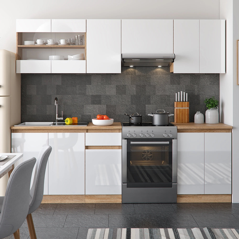 Mobile da cucina Raul Bianco lucido/Bianco 240 cm, PL Sonoma con striscia LED Vicco