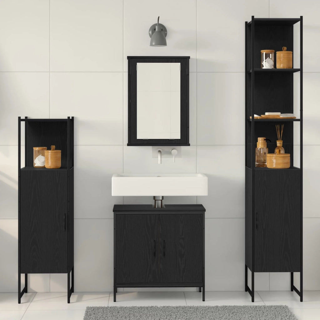 Set di mobili per il Bagno | Armadio da bagno 4 pz Nero Legno multistrato