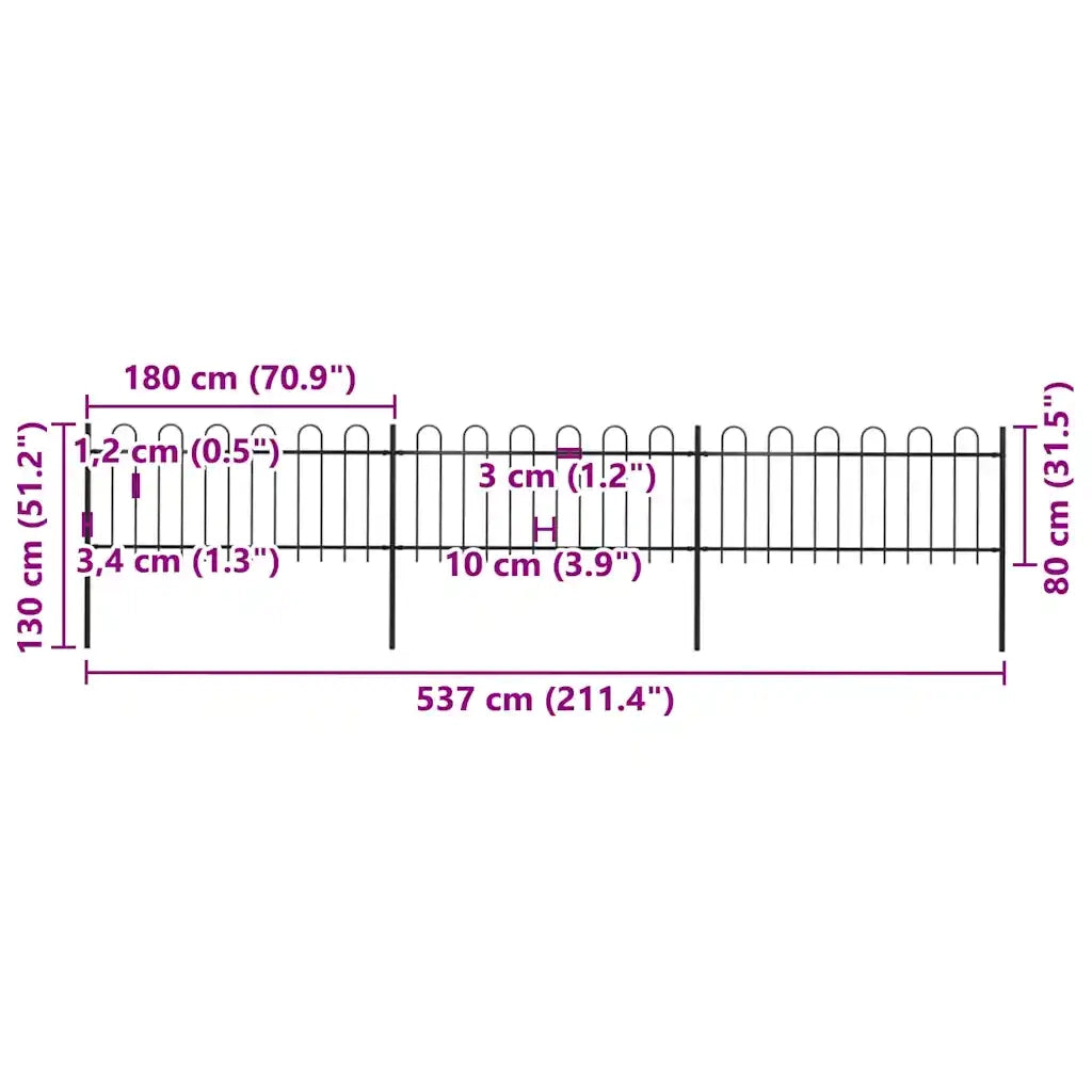 Recinzione da Giardino | Recinzione da cortile con Parte Superiore ad Anello in Acciaio 537x80 cm Nera