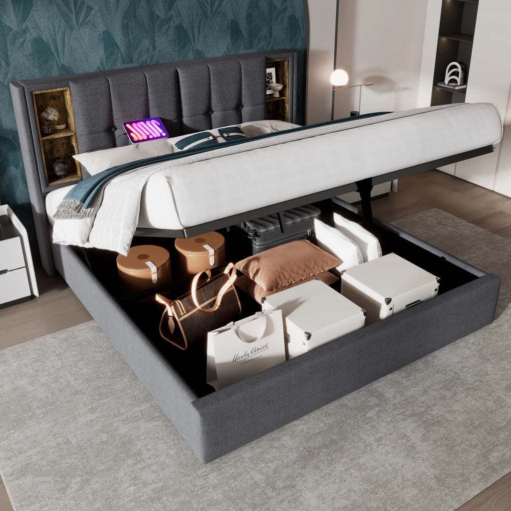 LETTO Contenitore 160x200 cm con ricarica wireless, Grigio, Cotone