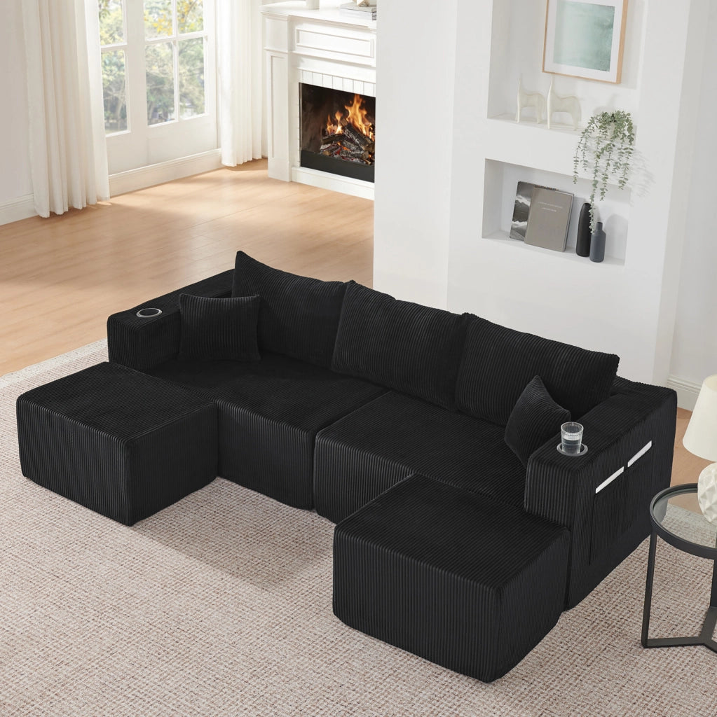Divano angolare modulare 3 posti con 2 pouf mobili; portabicchieri e tasche laterali; nero