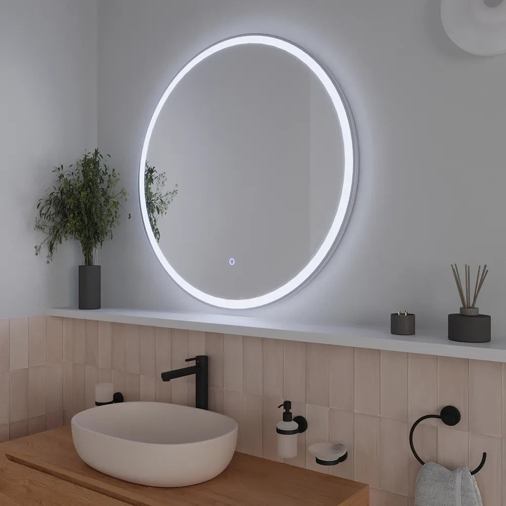 Specchio led tondo Ø 100 cm cornice bianco opaco touch screen luce calda/fredda