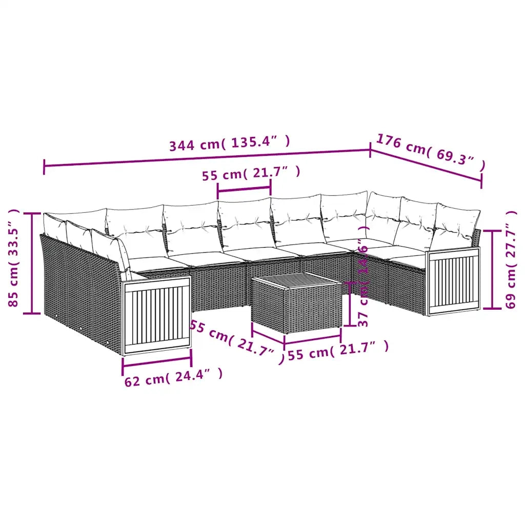 Set Divani da Giardino 11 pz con Cuscini Nero in Polyrattan 3228010
