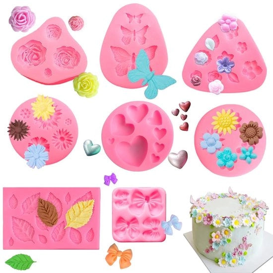 Siliconi per modellazione - Fiori e foglie 3D - Resistenti e termoresistenti - Rosa - Stampi per fondant - Adatti per torte e cioccolato
