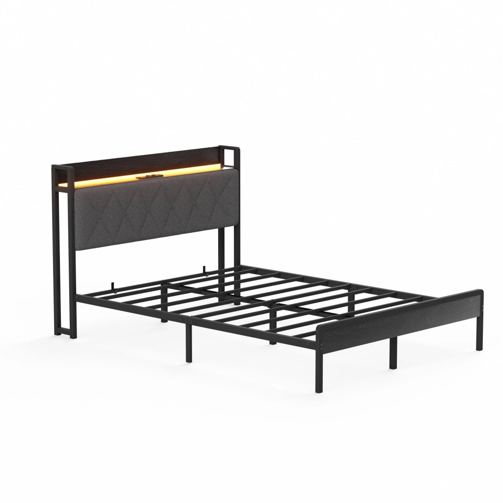 Letto Matrimoniale 140x190 cm con LED; USB e Contenitore in Tessuto e Metallo