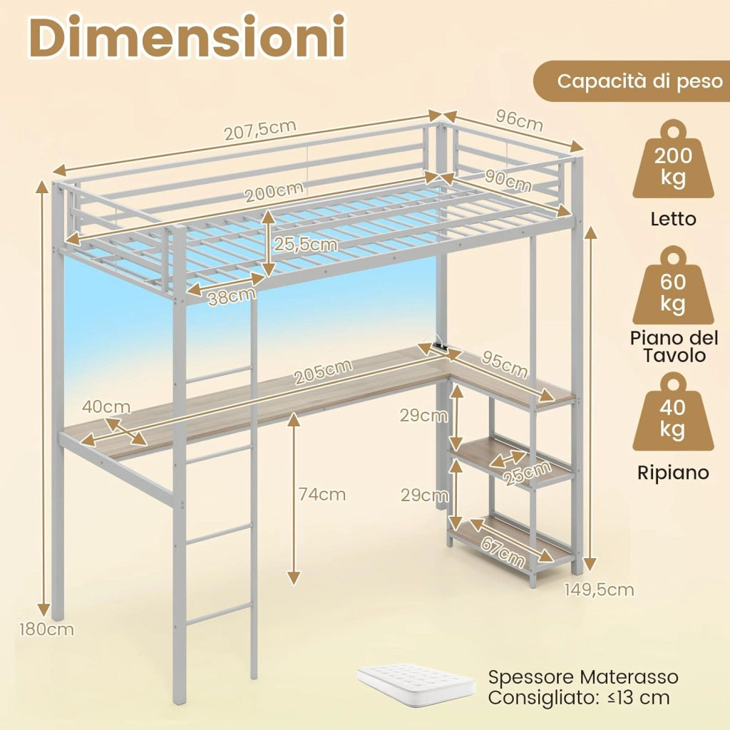 Letto a Soppalco 90 x 200 cm con Scrivania Sotto, Letto a Castello con Luce LED e Stazione di Ricarica, Letto Rialzato Struttura in Ferro con 2 Ripiani per Ragazzi e Ragazze (Argento)