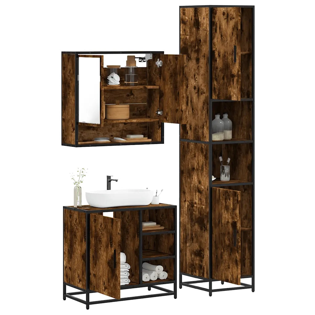Set Mobili da Bagno | Armadio da bagno 3 pz Rovere Fumo in Legno Multistrato