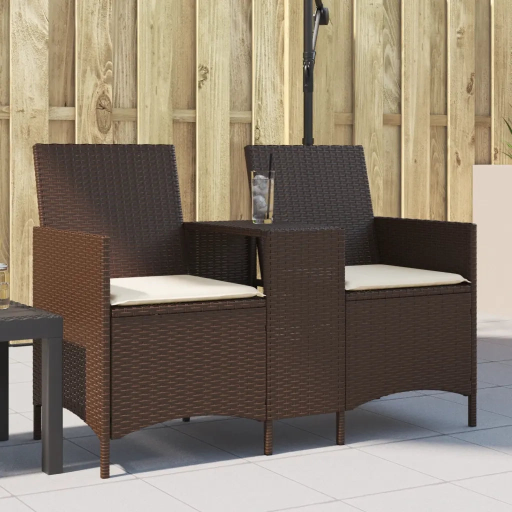 Divano a 2 Posti con Tavolo e Cuscini-Sofa 2 Posti Marrone in Polyrattan