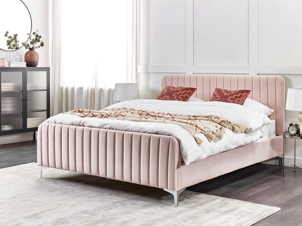 Letto in velluto rosa pastello UE Matrimoniale 160 x 200 cm Testiera Imbottita con Gambe in metallo Design moderno