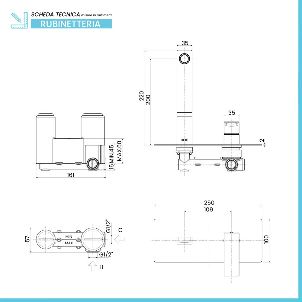 Miscelatore lavabo monocomando a incasso 2 fori in ottone cromato Elle