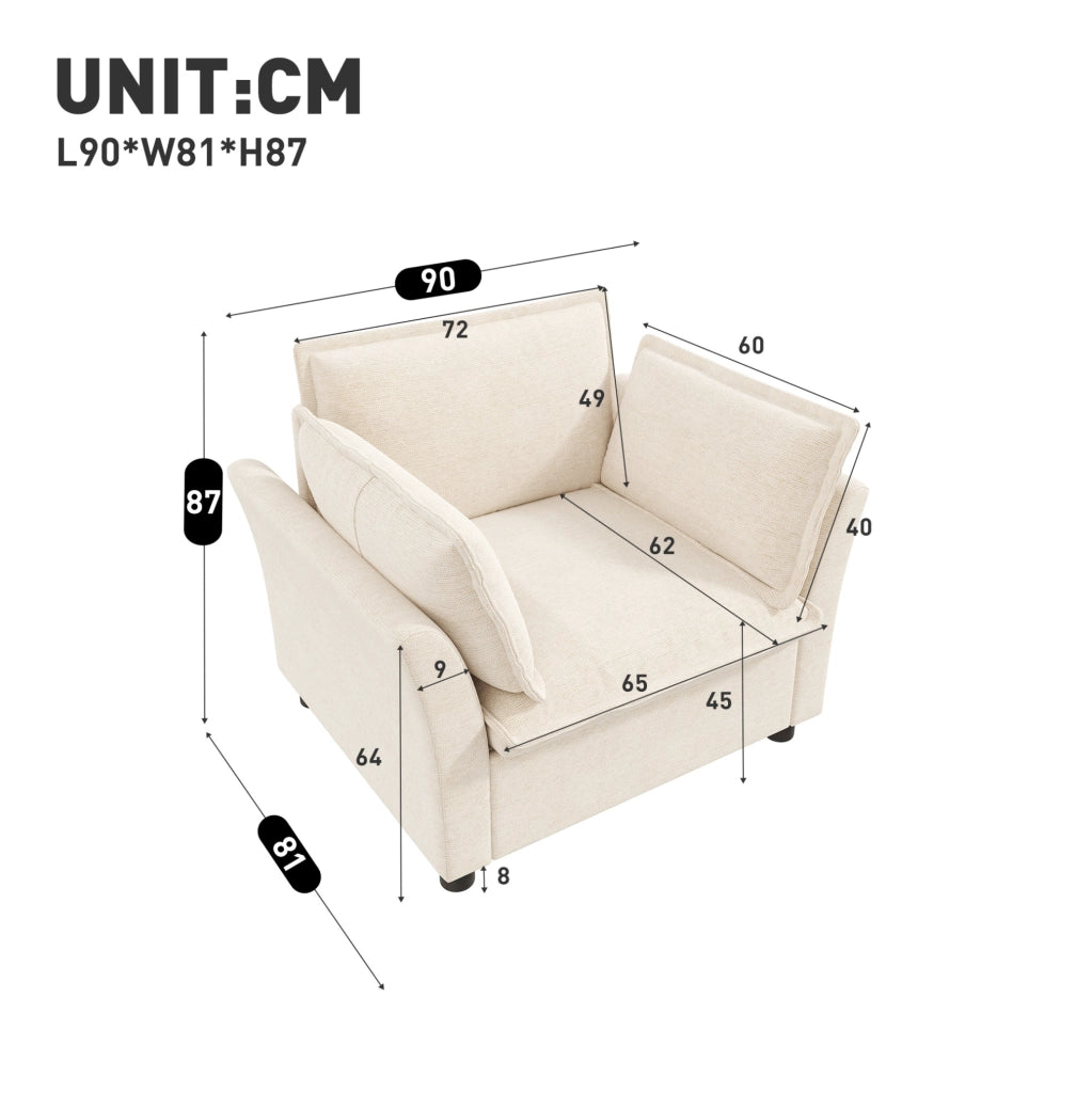 Poltrona singola 90x81x87 cm in chenille beige con braccioli curvi e 2 cuscini