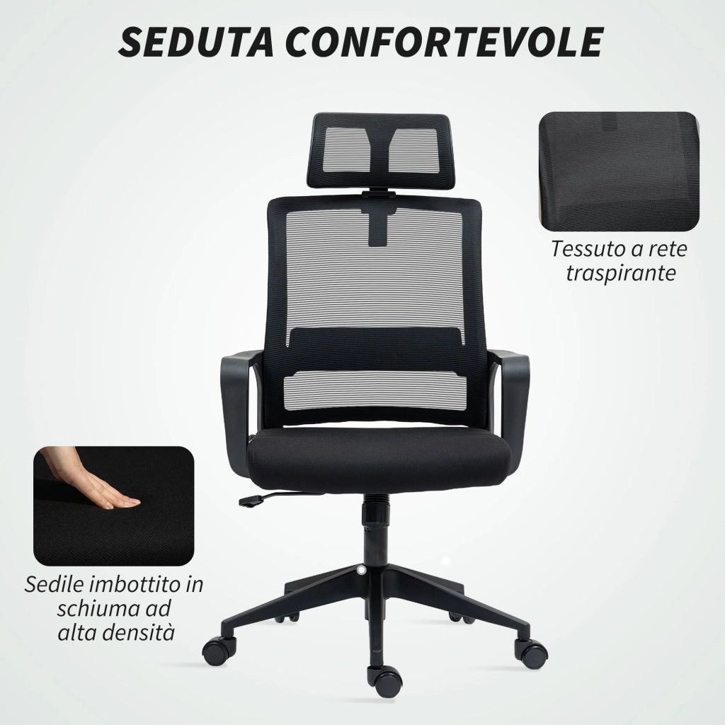Sedia da Ufficio Ergonomica 60x64Px102-112H cm con Poggiatesta e Altezza Regolabili Nero