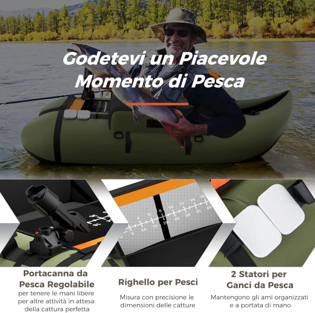 Belly Boat da Pesca Portatile, Gommone Gonfiabile da Pesca con Porta Canne Regolabile, Pompa, Pagaia in Alluminio, Spallacci e Kit di Riparazione, Barca da Mare con 2 Pinne, capacità 160kg