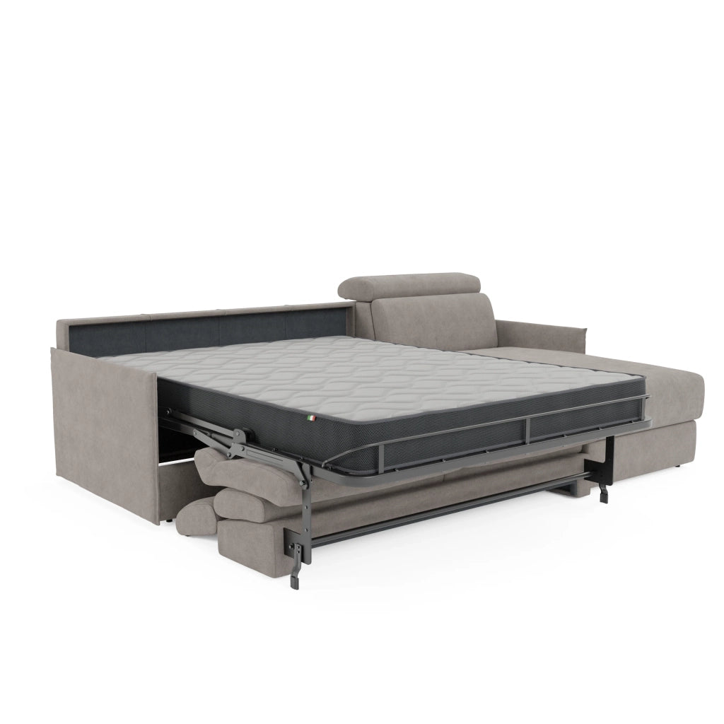 Miryam divano letto angolare compatto - poggiatesta reclinabili e penisola contenitore in tessuto smacchiabile T31 272 cm sinistro grigio perla