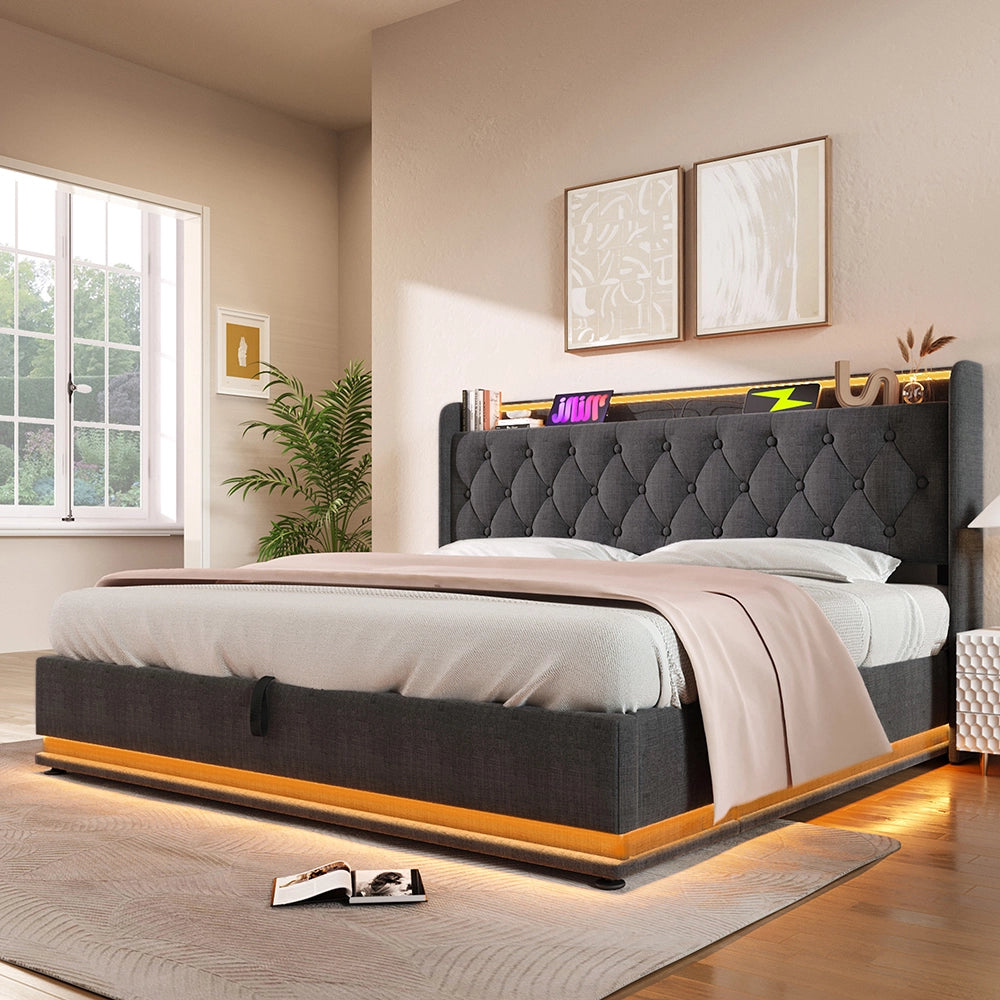 Letto a cassone per adulti - Xylo - 160x200 cm - Grigio lino - USB-C, controllo app