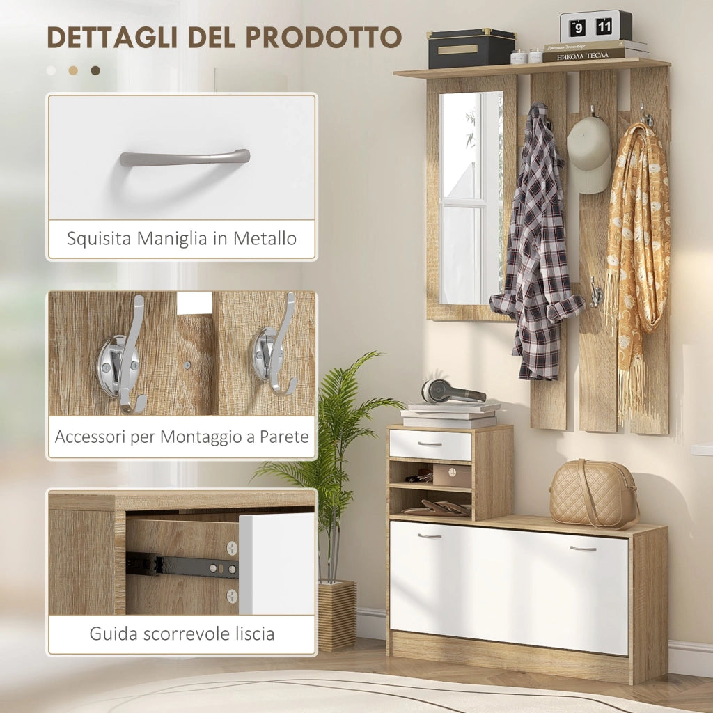 Mobile Guardaroba per Ingresso con Specchio Appendiabiti e Scarpiera Regolabile 90x24x177 cm Bianco e Quercia
