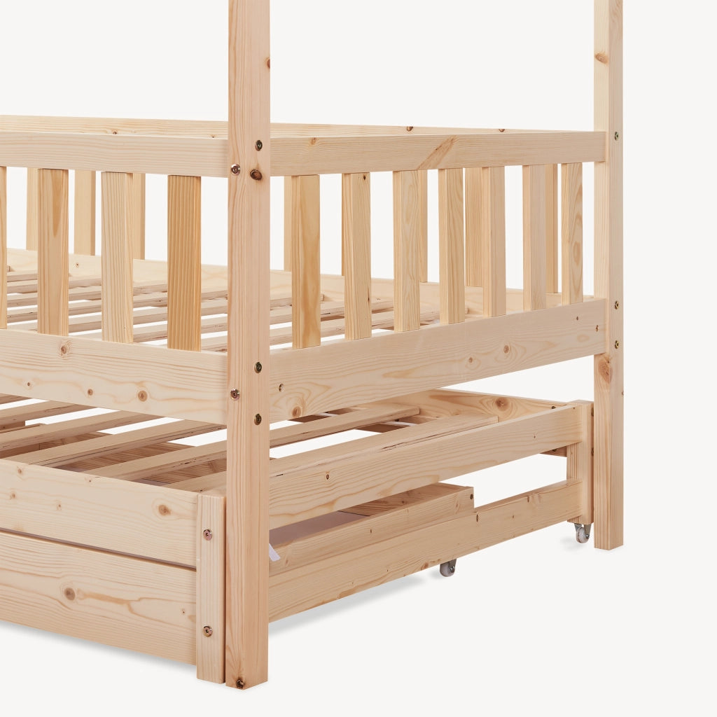 Letto a Casetta per Cameretta Aarghonmaa in Legno di Pino con Letto Estraibile 1 Materasso 90x200 cm e 2 Cassetti - Naturale [en.casa]