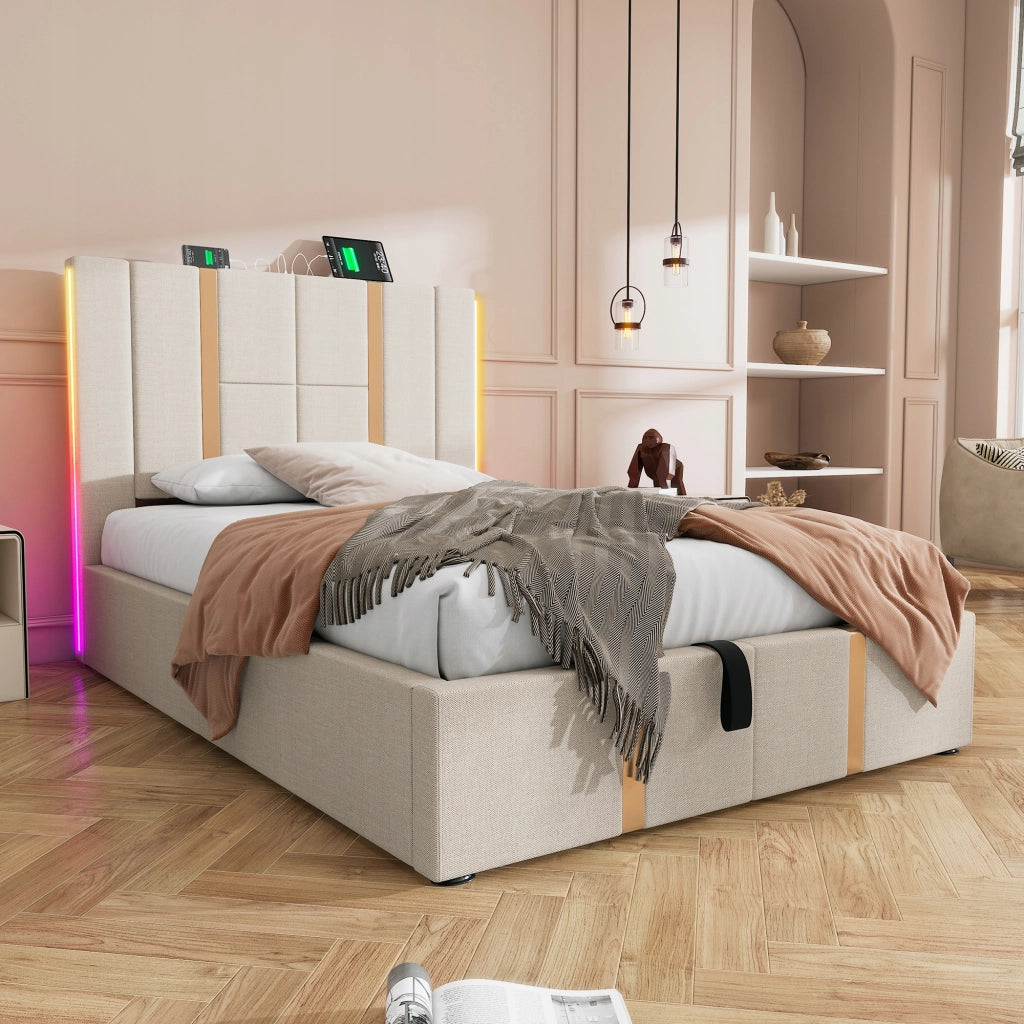 Letto imbottito 90x200 - Xylo - Beige, USB-C e LED