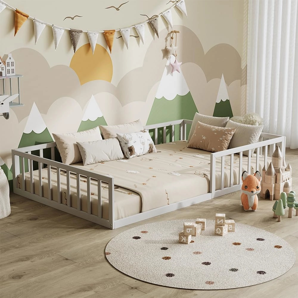 Letto a pavimento Minno 120x200, letto bambini in metallo, letto Montessori con protezione anticaduta, bassa altezza d’ingresso, bianco