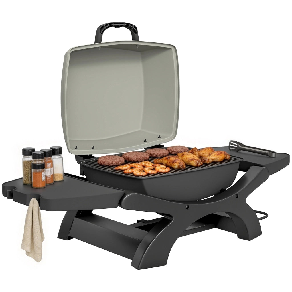 barbecue elettrico 2300W, portatile da tavolo con ripiani laterali, colore nero.