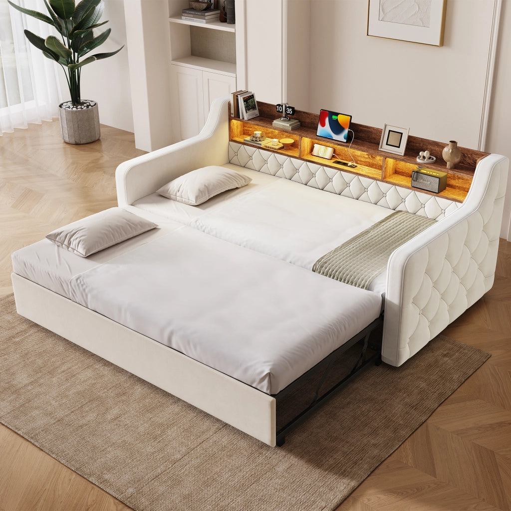 LETTO Divano letto estraibile 90x190 cm in velluto beige con LED e USB