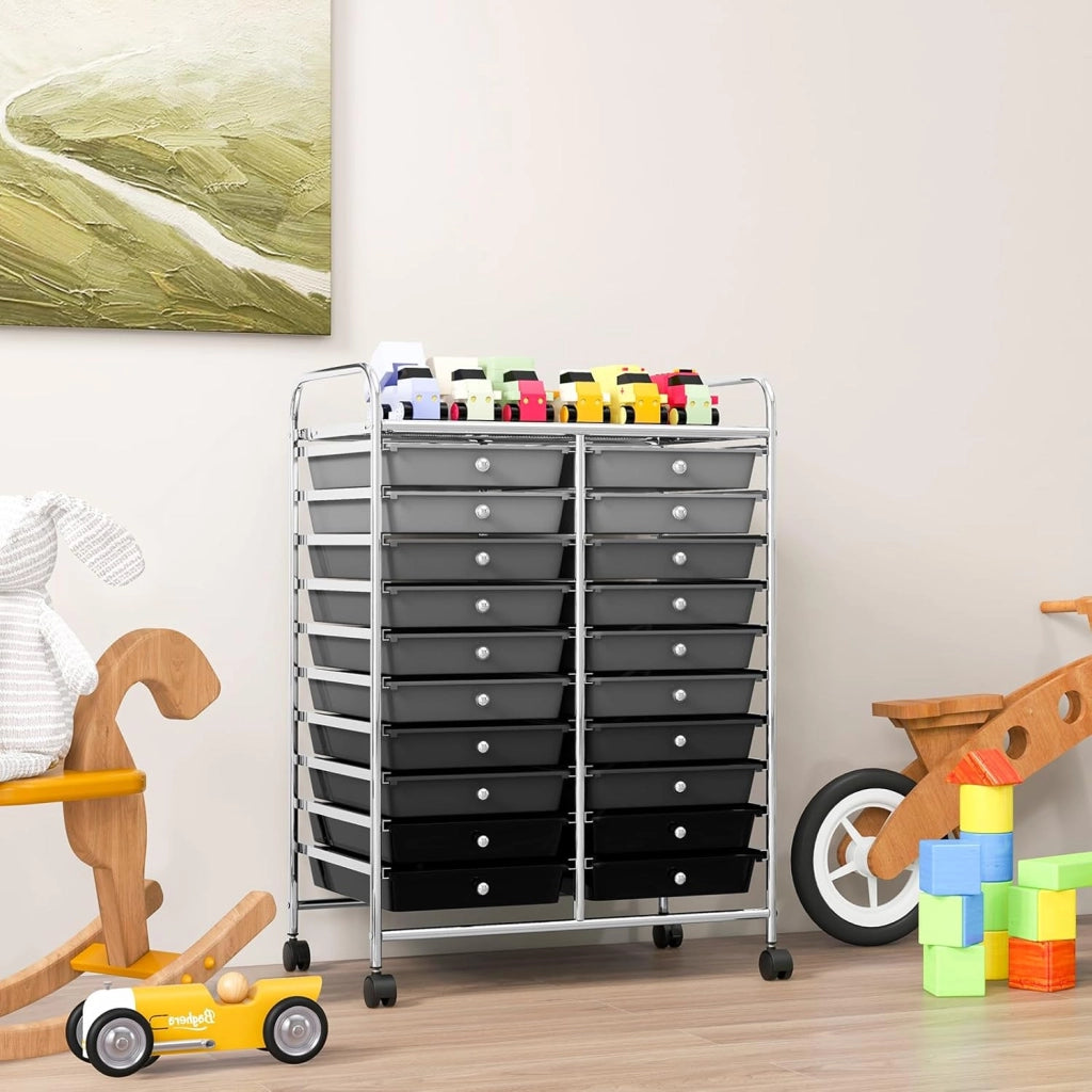 Carrello di Stoccaggio con 20 Cassetti, Carrello portaoggetti con 4 Ruote, Carrello Multiuso per Scuola Ufficio Cucina, 64 x 39 x 88 cm (Nero sfumato)